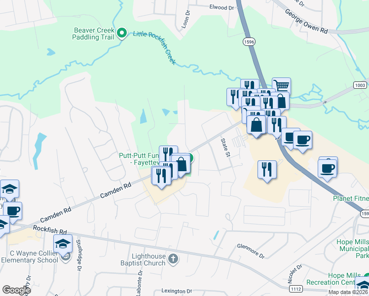 map of restaurants, bars, coffee shops, grocery stores, and more near 5742 Camden Road in Fayetteville