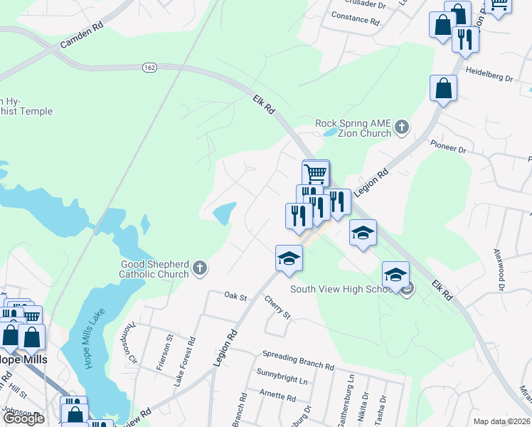 map of restaurants, bars, coffee shops, grocery stores, and more near 3404 Beechwood Street in Hope Mills