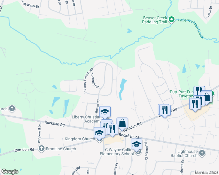 map of restaurants, bars, coffee shops, grocery stores, and more near 6221 Stoney Point Loop in Fayetteville