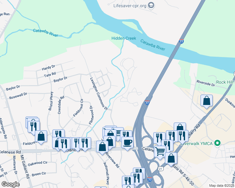 map of restaurants, bars, coffee shops, grocery stores, and more near 1685 Riverchase Boulevard in Rock Hill