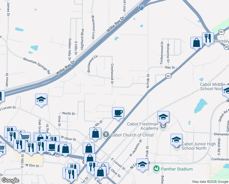 map of restaurants, bars, coffee shops, grocery stores, and more near 11 Crestwood Cove in Cabot