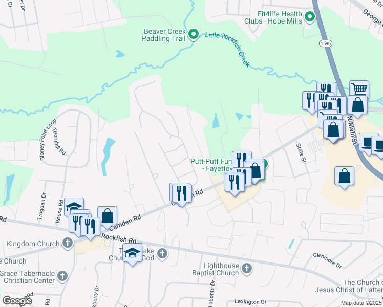 map of restaurants, bars, coffee shops, grocery stores, and more near 3527 Harrisburg Dr in Fayetteville