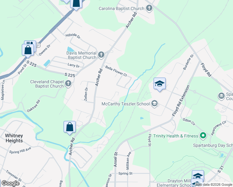 map of restaurants, bars, coffee shops, grocery stores, and more near 119 Bonner Road in Spartanburg