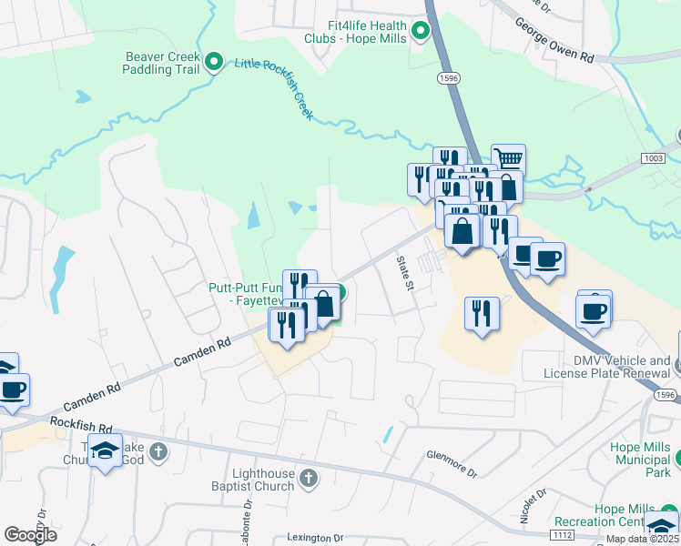 map of restaurants, bars, coffee shops, grocery stores, and more near 5742 Camden Road in Fayetteville