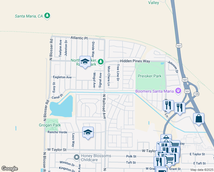map of restaurants, bars, coffee shops, grocery stores, and more near 2217 Mon Chere Lane in Santa Maria