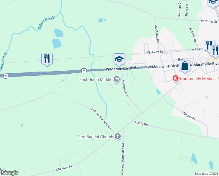 map of restaurants, bars, coffee shops, grocery stores, and more near 939 South Austin Road in Marshville