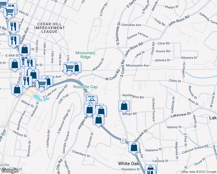 map of restaurants, bars, coffee shops, grocery stores, and more near 104 Sunset Drive in Rossville