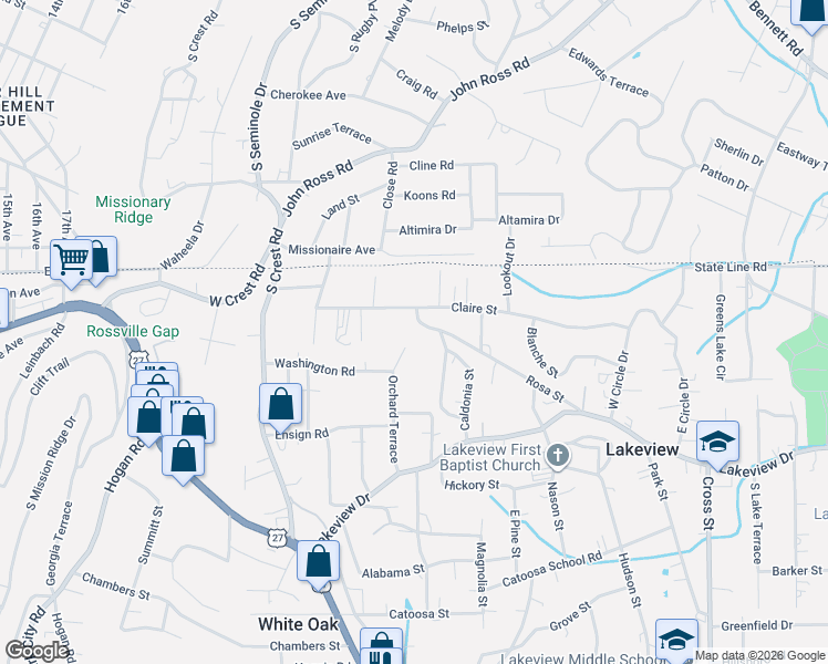 map of restaurants, bars, coffee shops, grocery stores, and more near 303 Rosa Street in Rossville