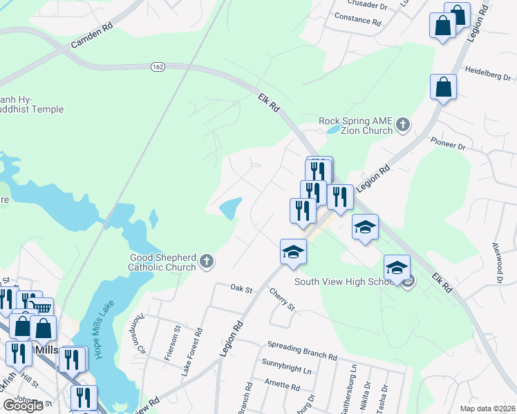 map of restaurants, bars, coffee shops, grocery stores, and more near 3404 Beechwood Street in Hope Mills