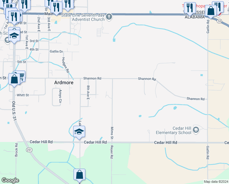 map of restaurants, bars, coffee shops, grocery stores, and more near 29390 Mims Street in Ardmore