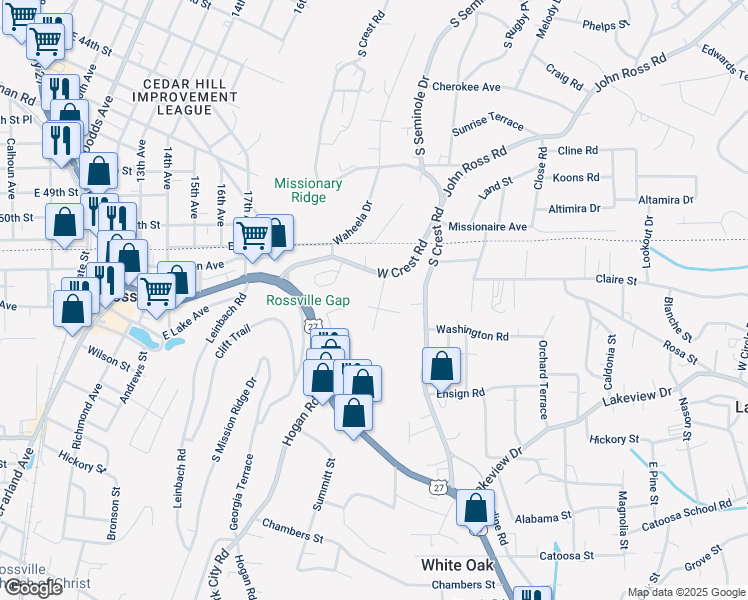 map of restaurants, bars, coffee shops, grocery stores, and more near 105 Sunset Drive in Rossville