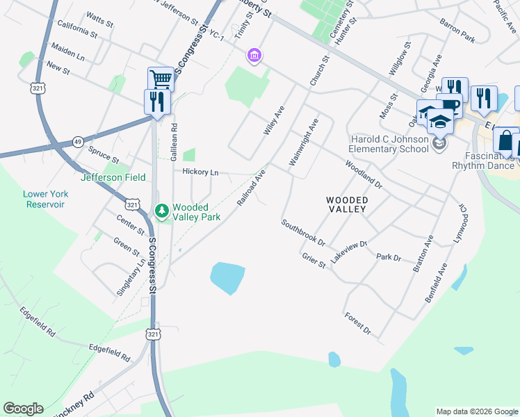 map of restaurants, bars, coffee shops, grocery stores, and more near 124 Settlemyre Place in York