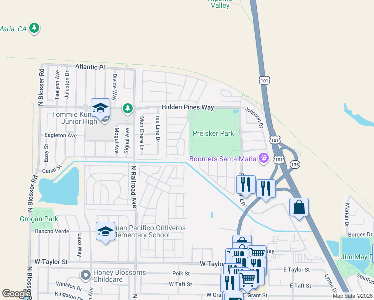 map of restaurants, bars, coffee shops, grocery stores, and more near 2248 Hanover Way in Santa Maria