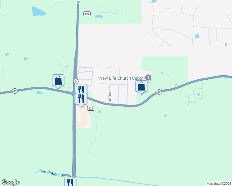 map of restaurants, bars, coffee shops, grocery stores, and more near 17 Oak Crest Drive in Cabot