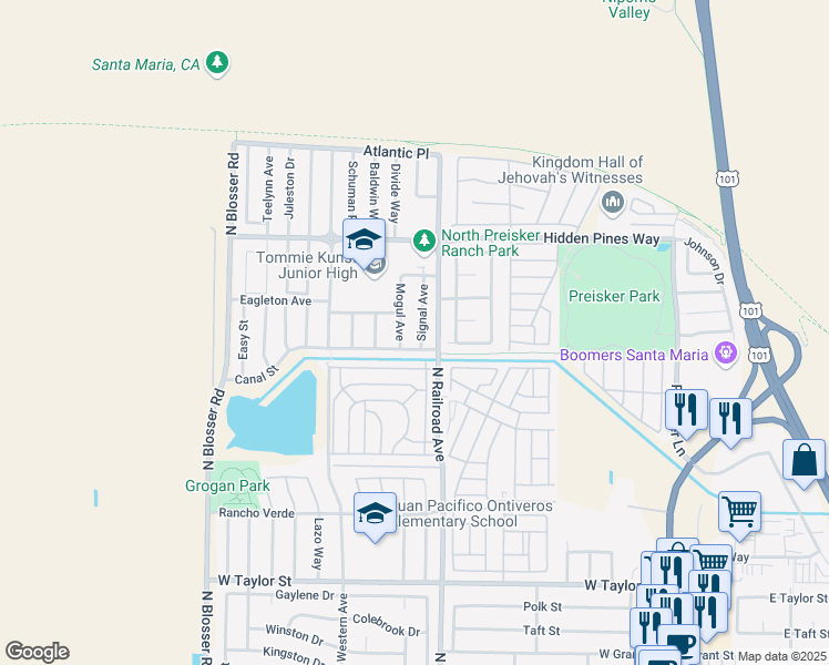 map of restaurants, bars, coffee shops, grocery stores, and more near 2223 Signal Avenue in Santa Maria