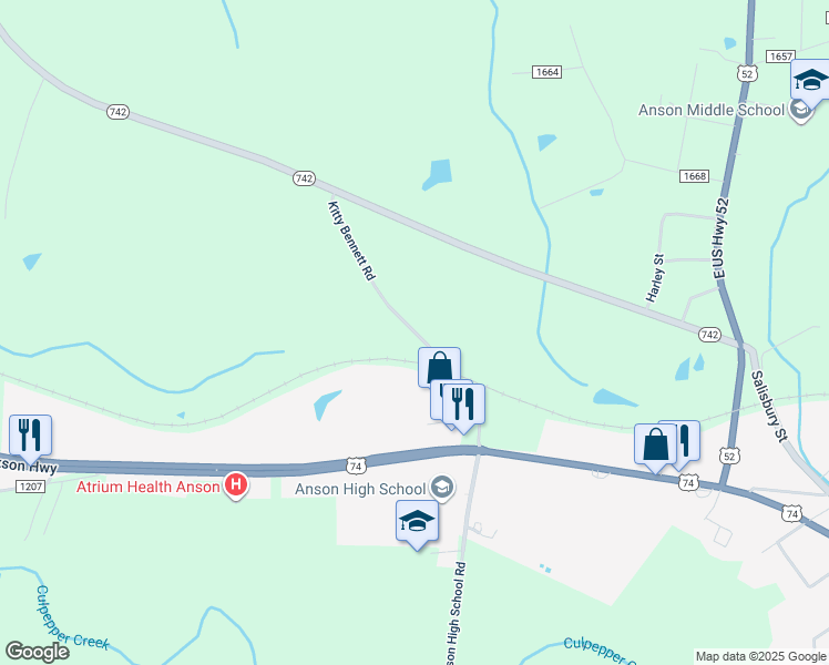 map of restaurants, bars, coffee shops, grocery stores, and more near State Road 1423 in Wadesboro