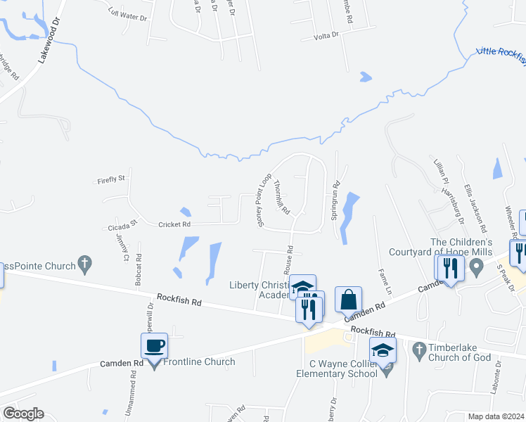 map of restaurants, bars, coffee shops, grocery stores, and more near 6305 Stoney Point Loop in Fayetteville