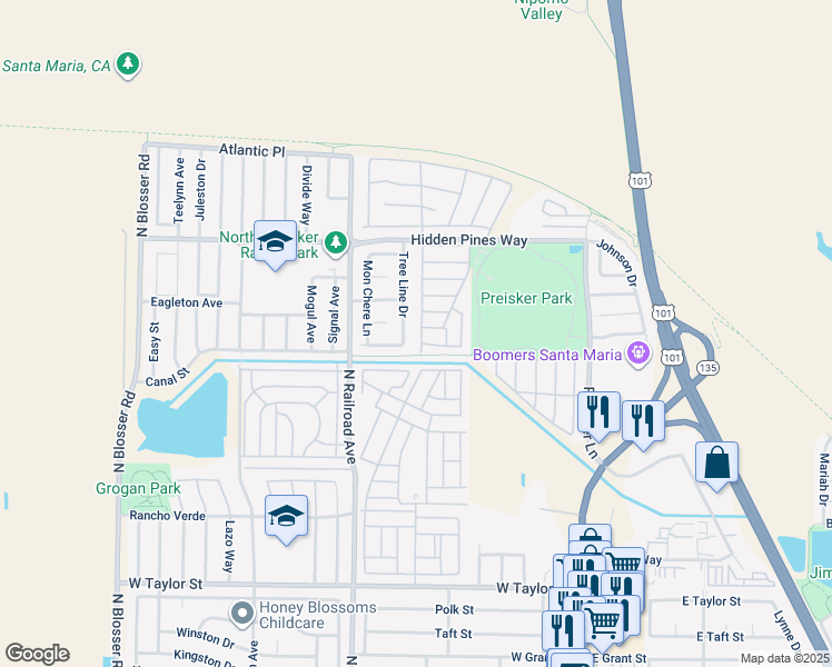 map of restaurants, bars, coffee shops, grocery stores, and more near 2247 Lexington Avenue in Santa Maria