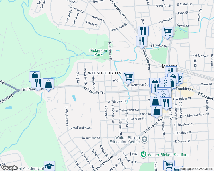 map of restaurants, bars, coffee shops, grocery stores, and more near 400 North Bragg Street in Monroe