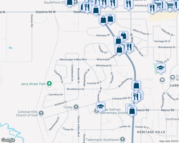 map of restaurants, bars, coffee shops, grocery stores, and more near 8404 Whitehead Drive in Southaven