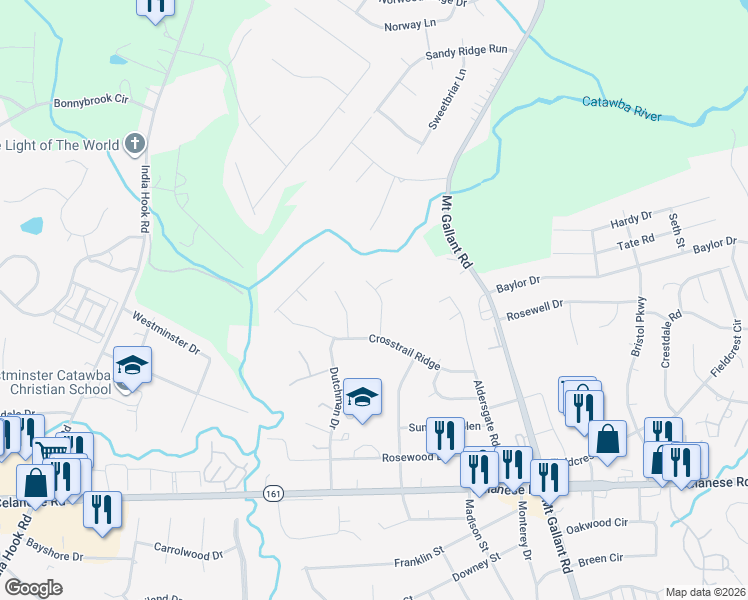 map of restaurants, bars, coffee shops, grocery stores, and more near 2167 Lookout Ridge in Rock Hill