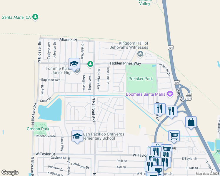 map of restaurants, bars, coffee shops, grocery stores, and more near 2220 Tree Line Drive in Santa Maria