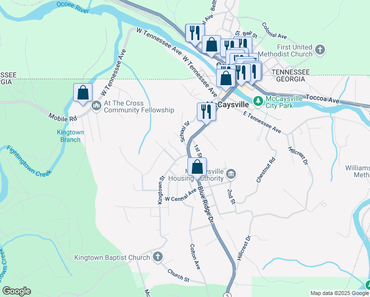 map of restaurants, bars, coffee shops, grocery stores, and more near 314 School Street in McCaysville