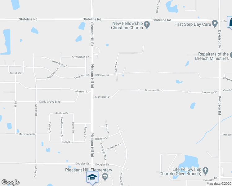 map of restaurants, bars, coffee shops, grocery stores, and more near Stonecrest Drive in Olive Branch