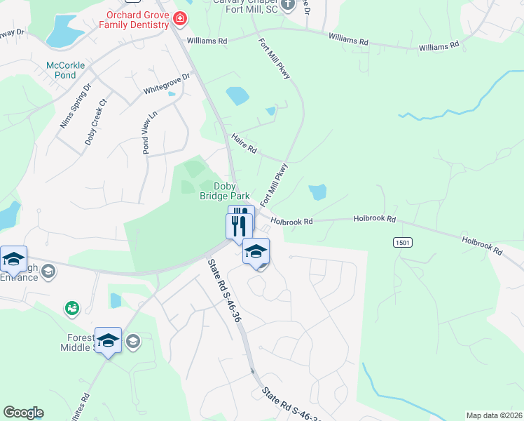 map of restaurants, bars, coffee shops, grocery stores, and more near 1950 Holbrook Road in Fort Mill