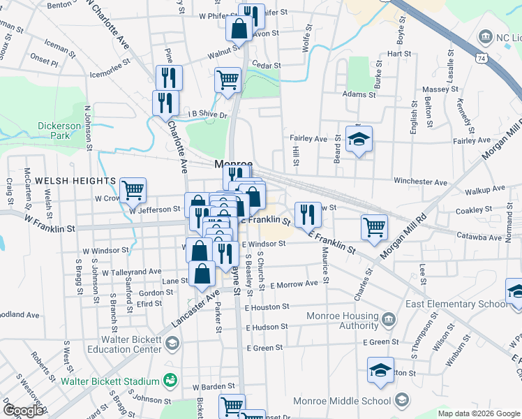 map of restaurants, bars, coffee shops, grocery stores, and more near 215 East Franklin Street in Monroe