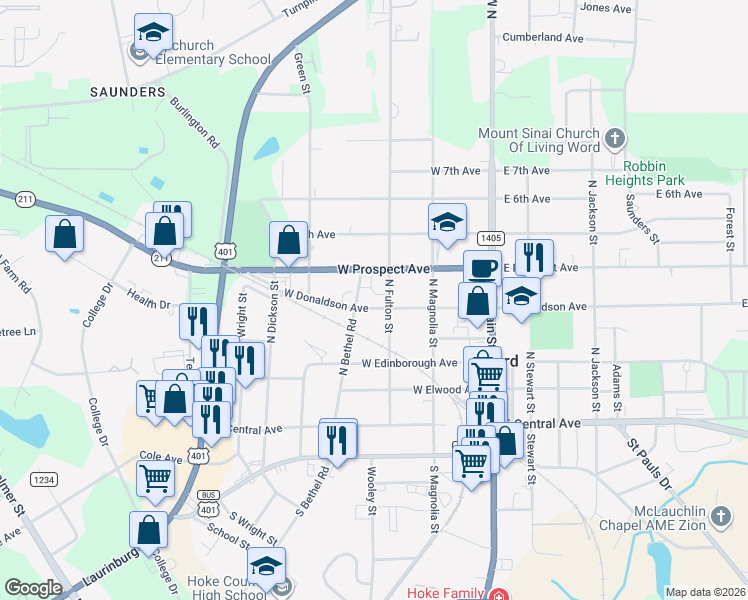 map of restaurants, bars, coffee shops, grocery stores, and more near 403 North Fulton Street in Raeford