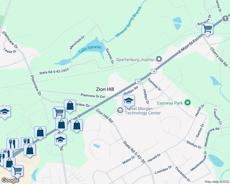 map of restaurants, bars, coffee shops, grocery stores, and more near 2856 East Main Street in Spartanburg