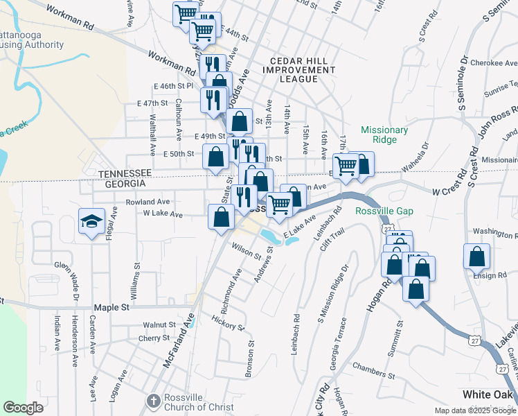 map of restaurants, bars, coffee shops, grocery stores, and more near 301 Chickamauga Avenue in Rossville