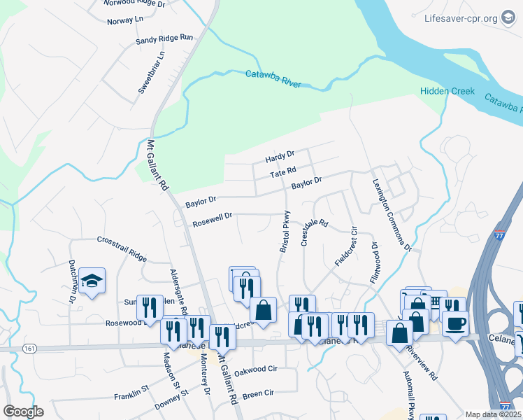 map of restaurants, bars, coffee shops, grocery stores, and more near 1734 Rosewell Drive in Rock Hill