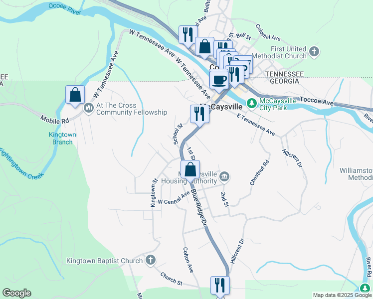 map of restaurants, bars, coffee shops, grocery stores, and more near 314 School Street in McCaysville