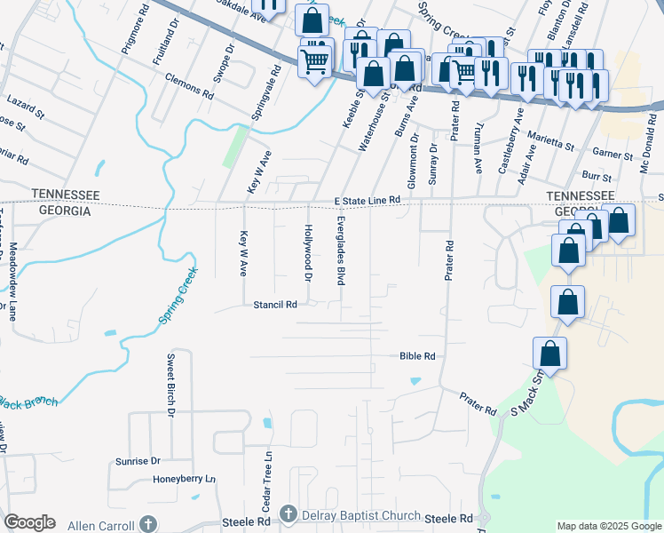 map of restaurants, bars, coffee shops, grocery stores, and more near 194 Everglades Boulevard in Rossville