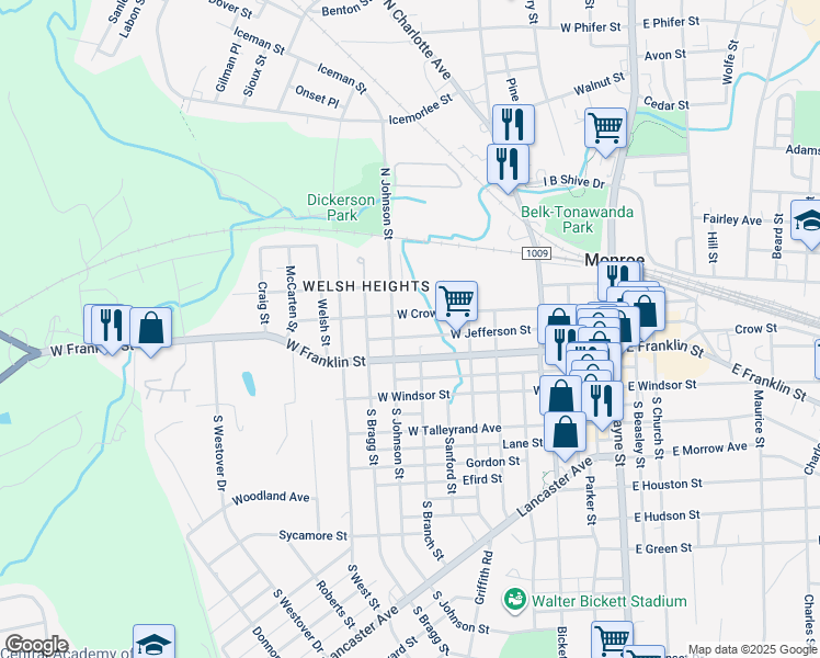 map of restaurants, bars, coffee shops, grocery stores, and more near 804 West Franklin Street in Monroe