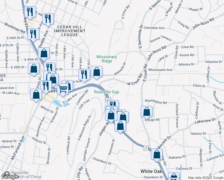 map of restaurants, bars, coffee shops, grocery stores, and more near 10 Battery Drive in Rossville
