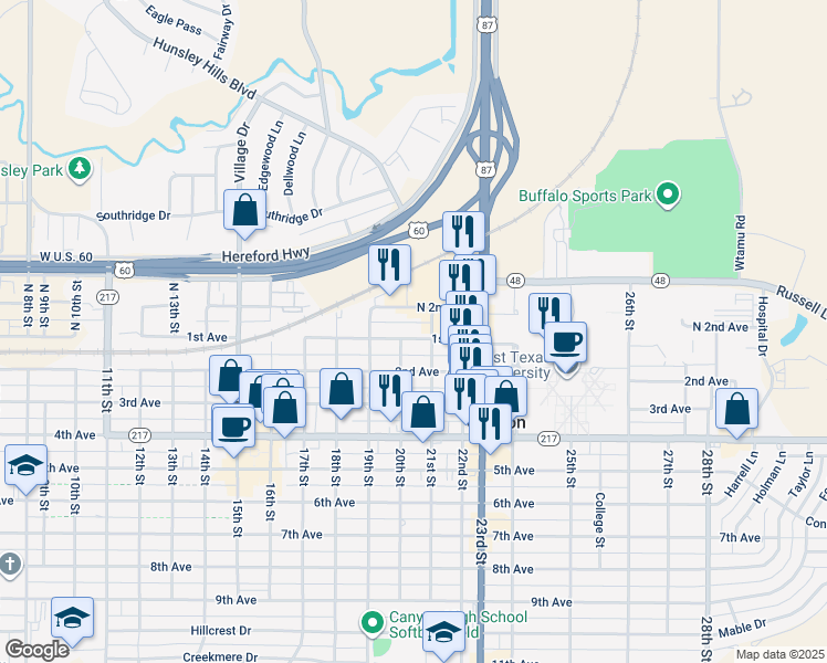 map of restaurants, bars, coffee shops, grocery stores, and more near 2007 1st Avenue in Canyon