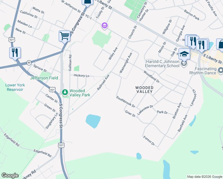 map of restaurants, bars, coffee shops, grocery stores, and more near 124 Settlemyre Place in York