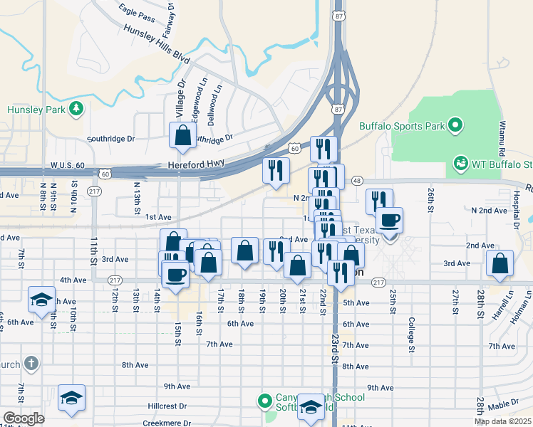 map of restaurants, bars, coffee shops, grocery stores, and more near 1901 1st Avenue in Canyon