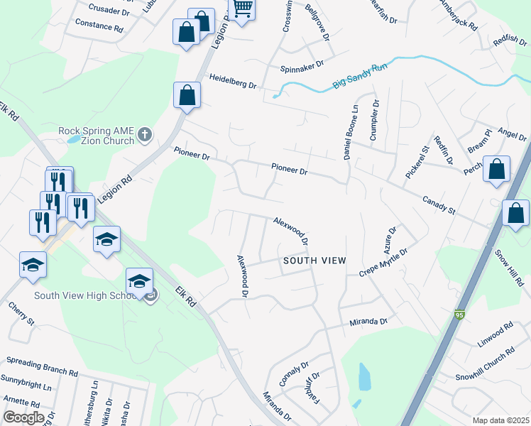 map of restaurants, bars, coffee shops, grocery stores, and more near 1104 Alexwood Drive in Hope Mills