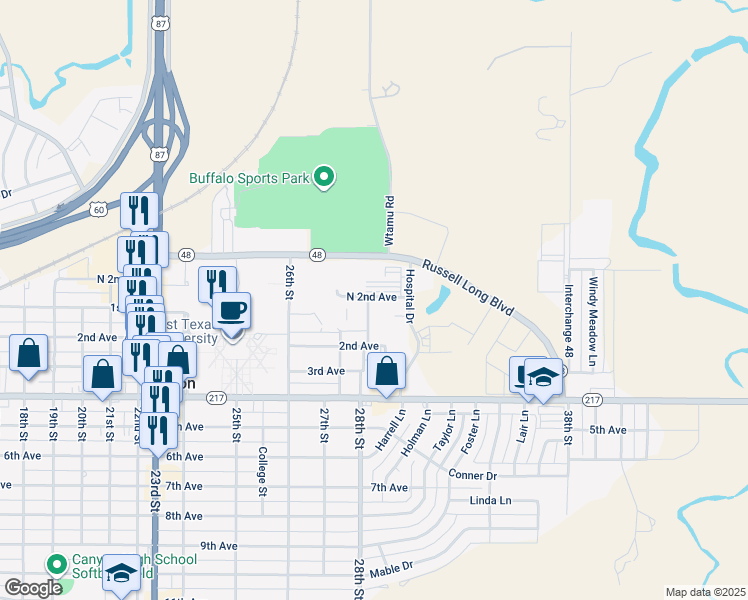 map of restaurants, bars, coffee shops, grocery stores, and more near 110 28th Street in Canyon