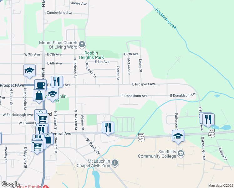 map of restaurants, bars, coffee shops, grocery stores, and more near 620 East Donaldson Avenue in Raeford