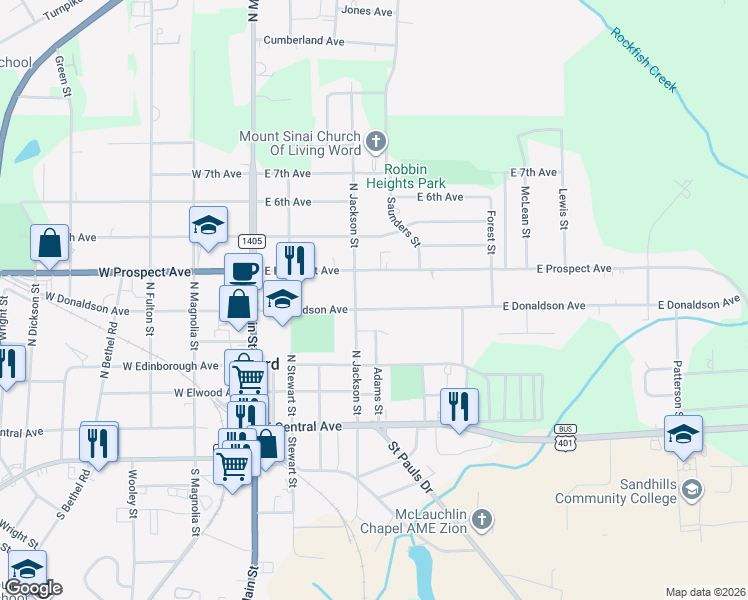 map of restaurants, bars, coffee shops, grocery stores, and more near 411 East Donaldson Avenue in Raeford