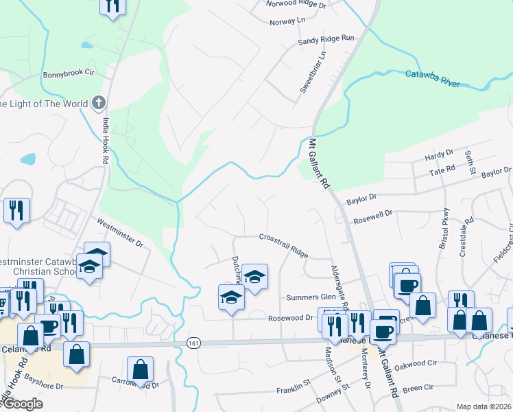 map of restaurants, bars, coffee shops, grocery stores, and more near 2167 Lookout Ridge in Rock Hill