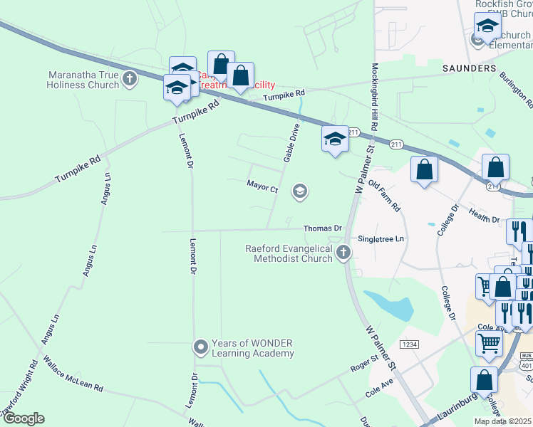 map of restaurants, bars, coffee shops, grocery stores, and more near 121 Abbey Lane in Raeford