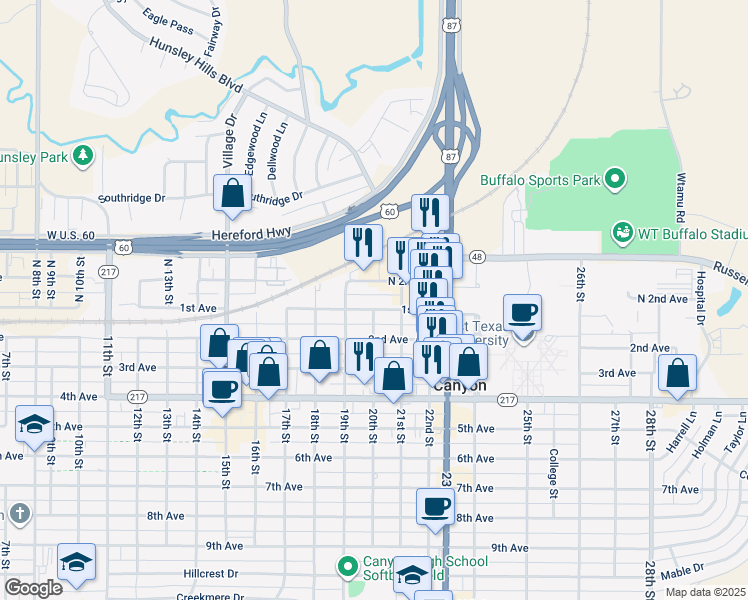 map of restaurants, bars, coffee shops, grocery stores, and more near 2007 1st Avenue in Canyon