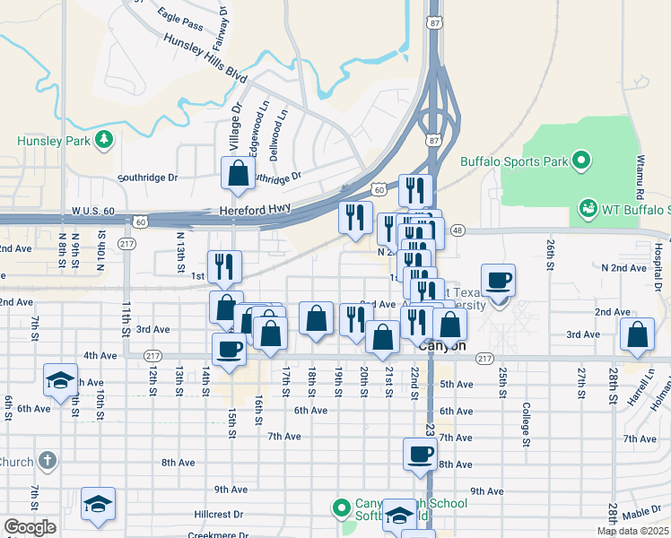 map of restaurants, bars, coffee shops, grocery stores, and more near 1901 1st Avenue in Canyon