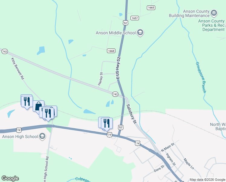 map of restaurants, bars, coffee shops, grocery stores, and more near 114 North Carolina 742 in Wadesboro